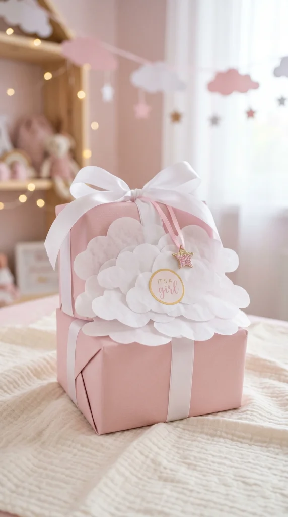 28 Creative Baby Shower Gift Wrapping Ideas She Will Love 15 14. Its a Girl Pink Cloud Theme