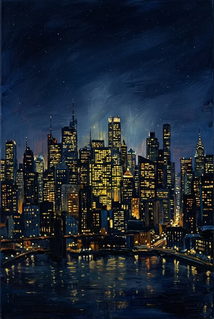 27 Stunning Canvas Art Painting Ideas for Every Skill Level 19 17. Cityscape at Night
