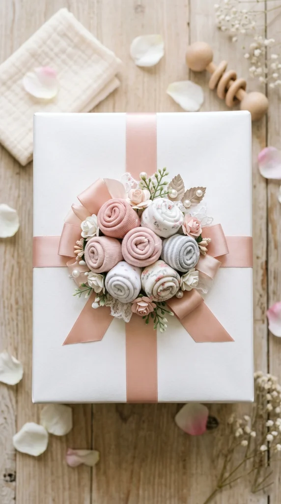 28 Creative Baby Shower Gift Wrapping Ideas She Will Love 21 20. Baby Sock Corsage Topper