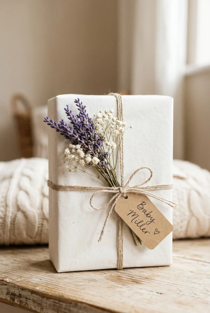 28 Creative Baby Shower Gift Wrapping Ideas She Will Love 28 27. Dried Flower Topper