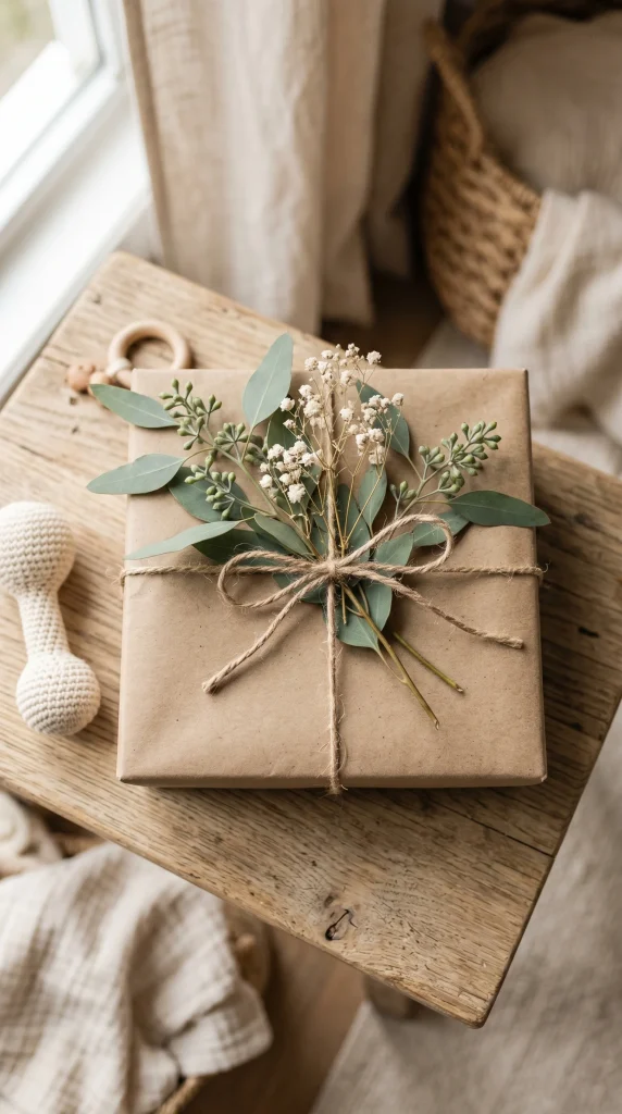 28 Creative Baby Shower Gift Wrapping Ideas She Will Love 8 7. Kraft Paper and Greenery