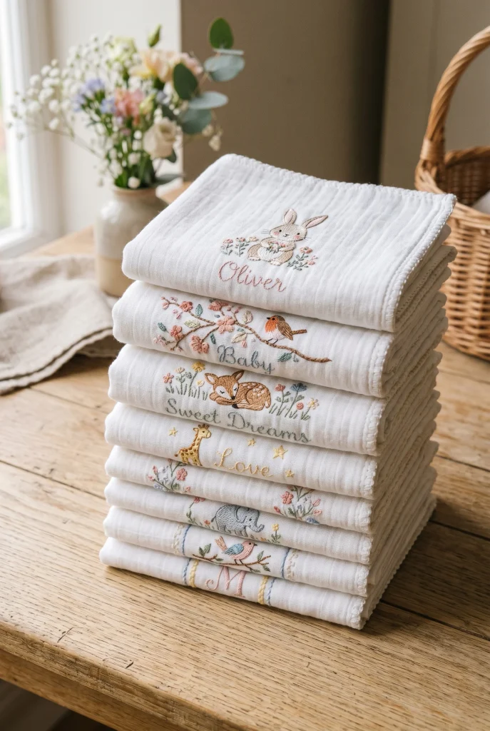 34 Heartfelt Handmade Baby Shower Gifts New Moms Will Treasure 11 8. Embroidered Baby Burp Cloths